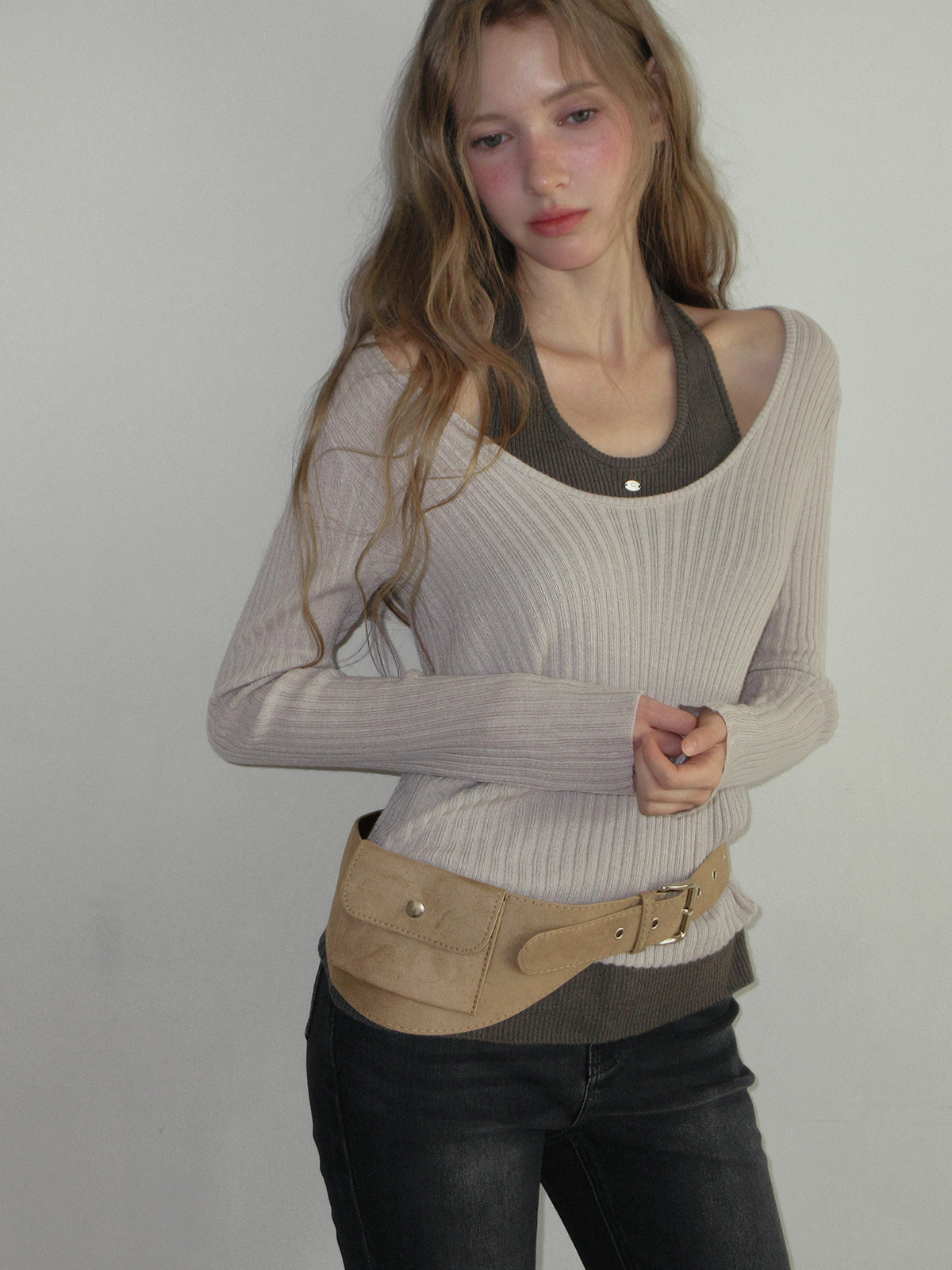 TWEE Besit halter layered long sleeve knit - Model styling view