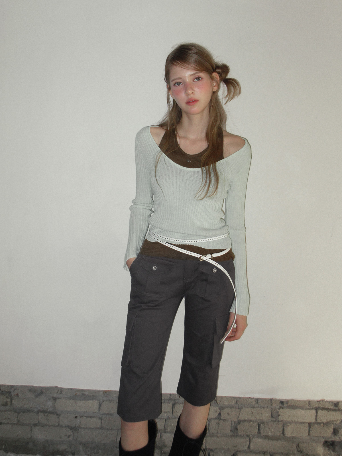 TWEE Besit halter layered long sleeve knit - Model styling view