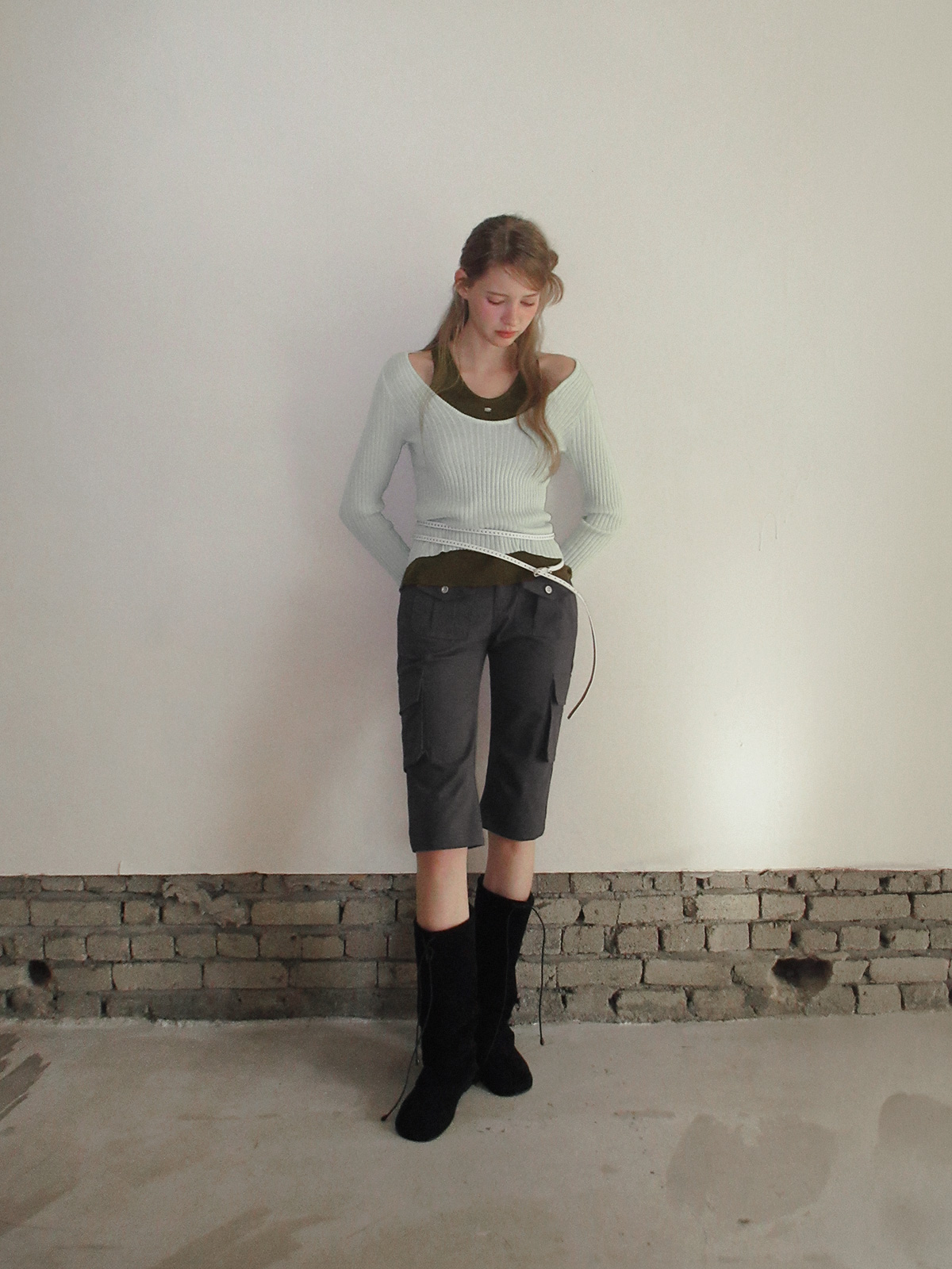 TWEE Besit halter layered long sleeve knit - Model styling view