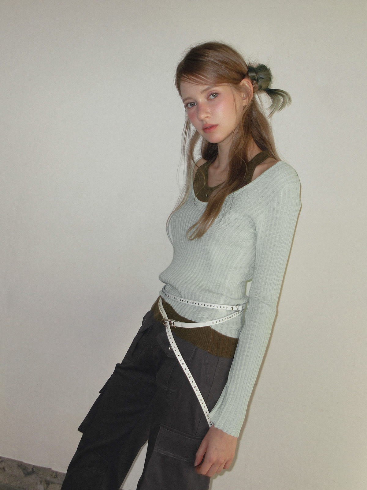 TWEE Besit halter layered long sleeve knit - Model styling view