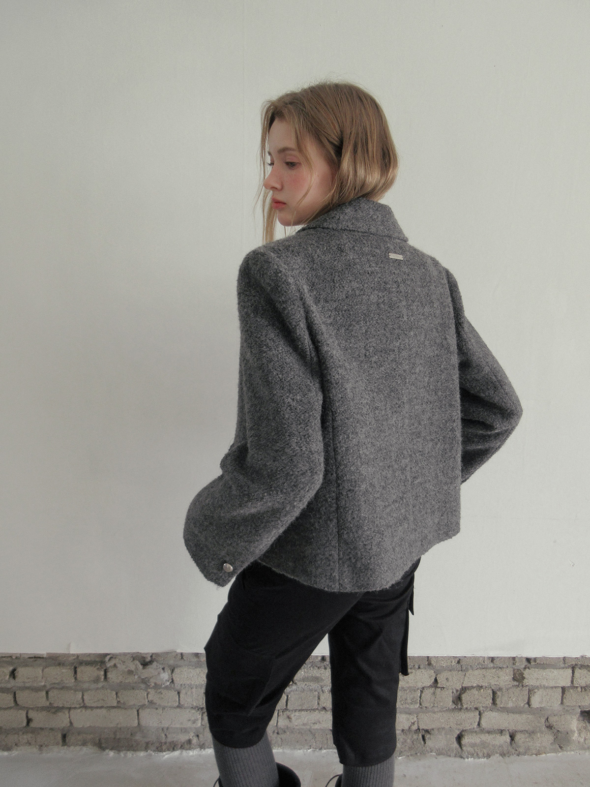 TWEE Wools collar cropped long sleeve jacket - Model styling view