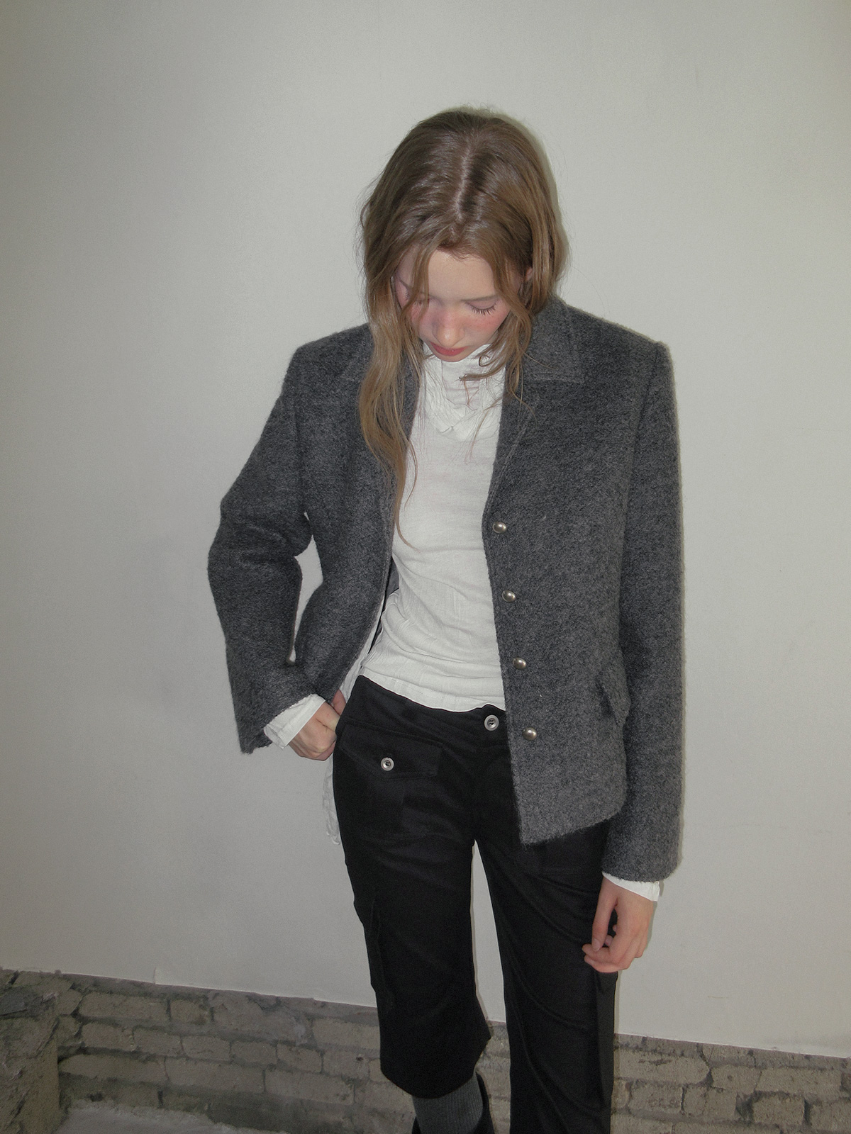 TWEE Wools collar cropped long sleeve jacket - Model styling view