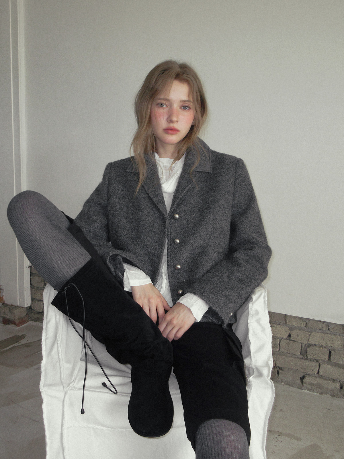 TWEE Wools collar cropped long sleeve jacket - Model styling view