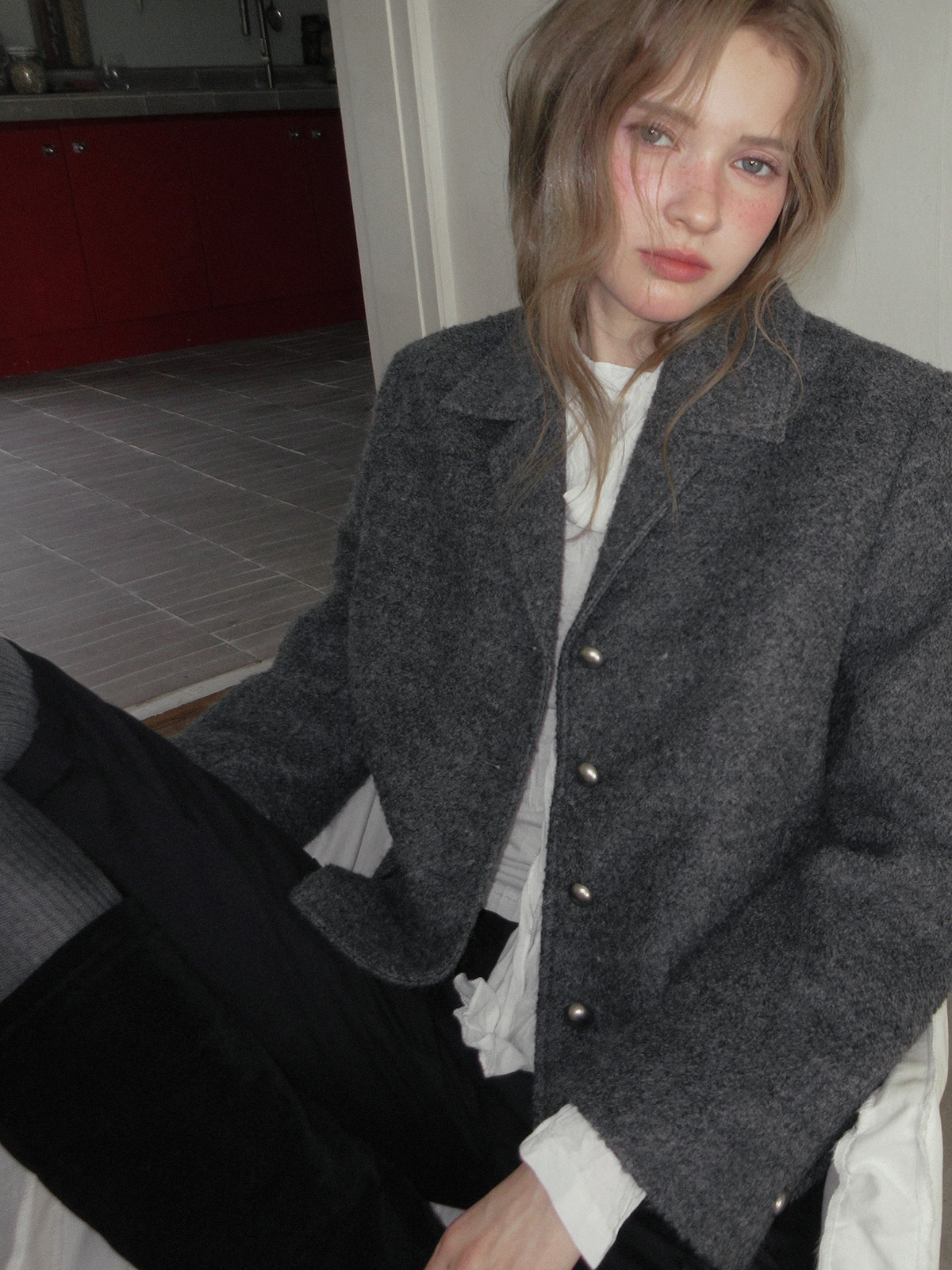 TWEE Wools collar cropped long sleeve jacket - Model styling view