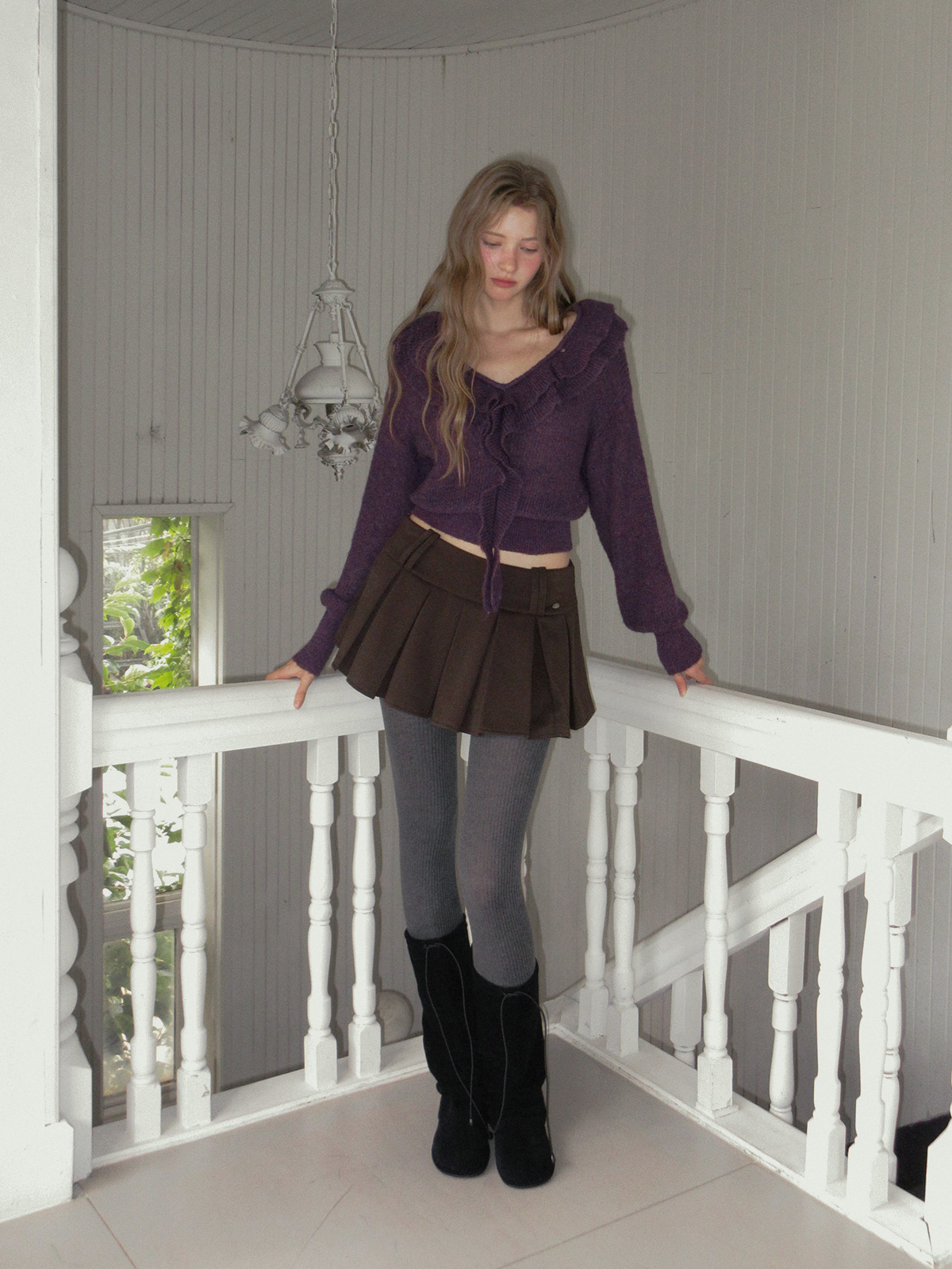 TWEE Torez ruffle V-neck long sleeve knit - Model styling view