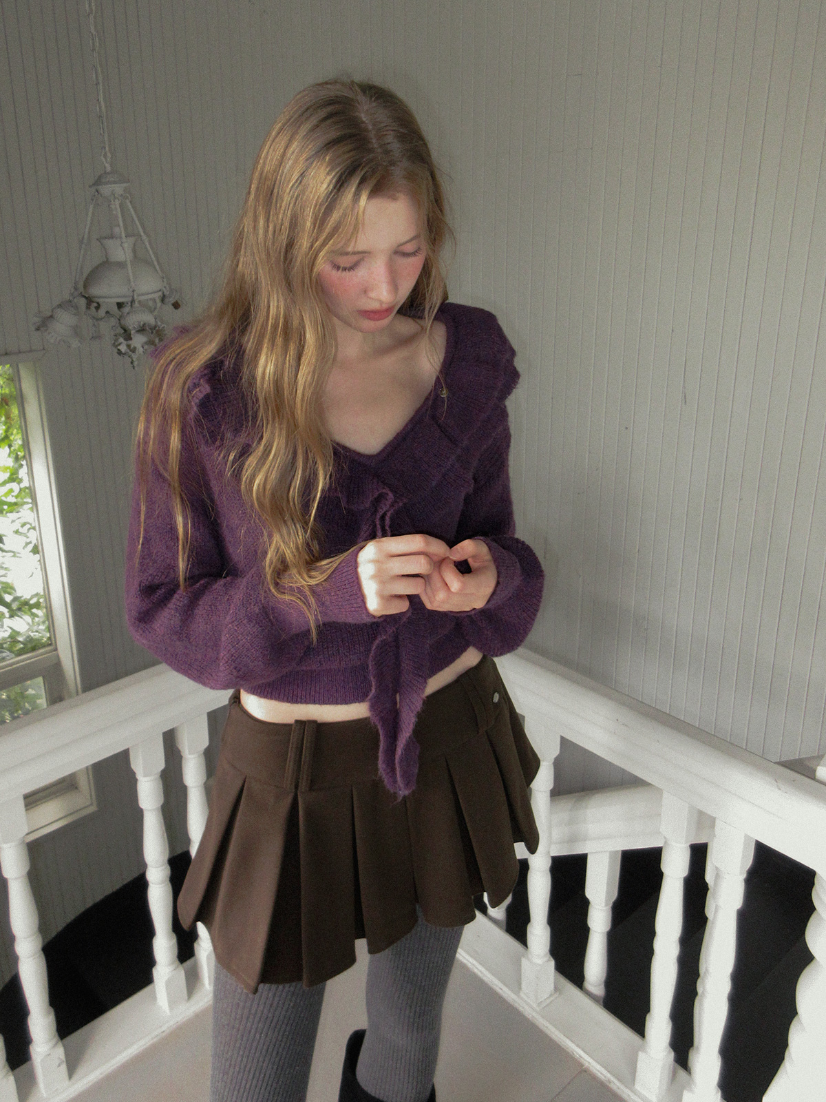 TWEE Torez ruffle V-neck long sleeve knit - Model styling view