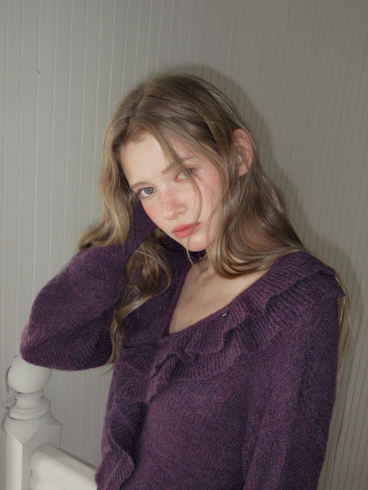 TWEE Torez ruffle V-neck long sleeve knit - Model styling view