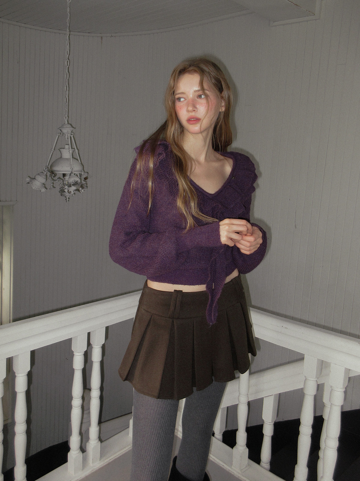 TWEE Torez ruffle V-neck long sleeve knit - Model styling view