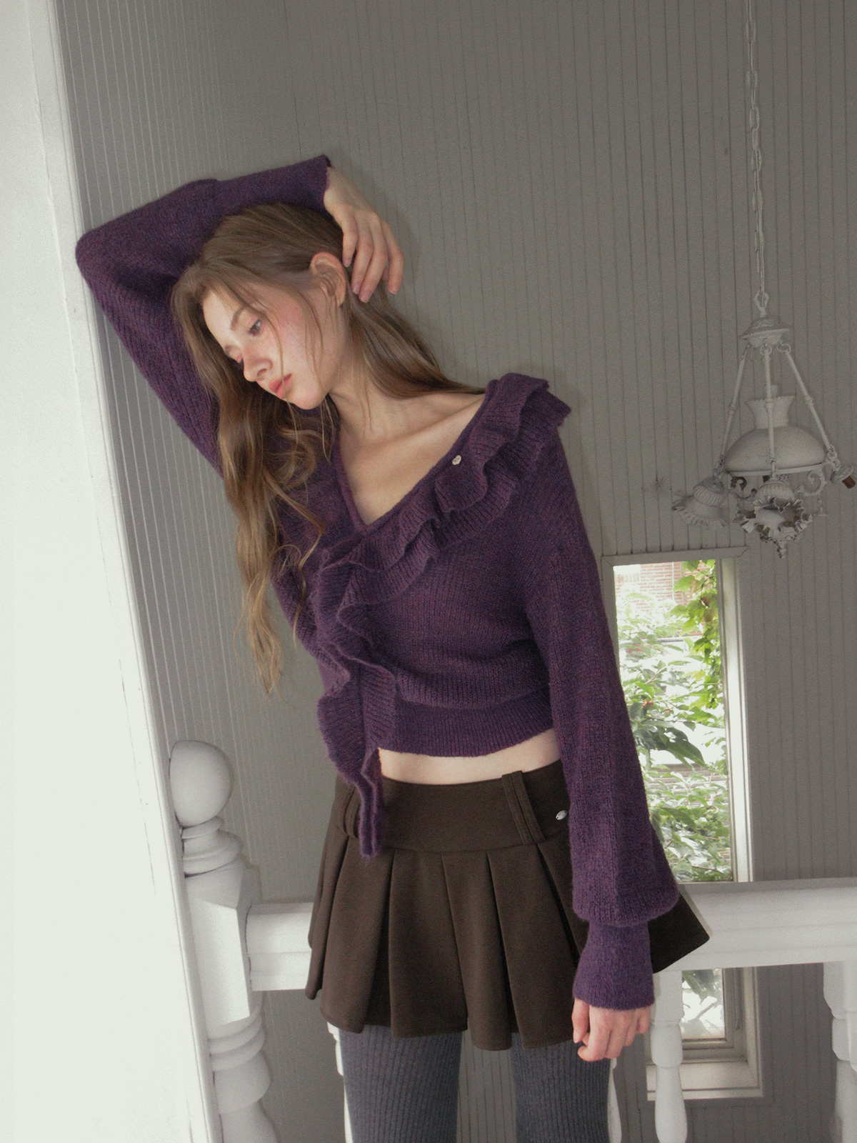 TWEE Torez ruffle V-neck long sleeve knit - Model styling view