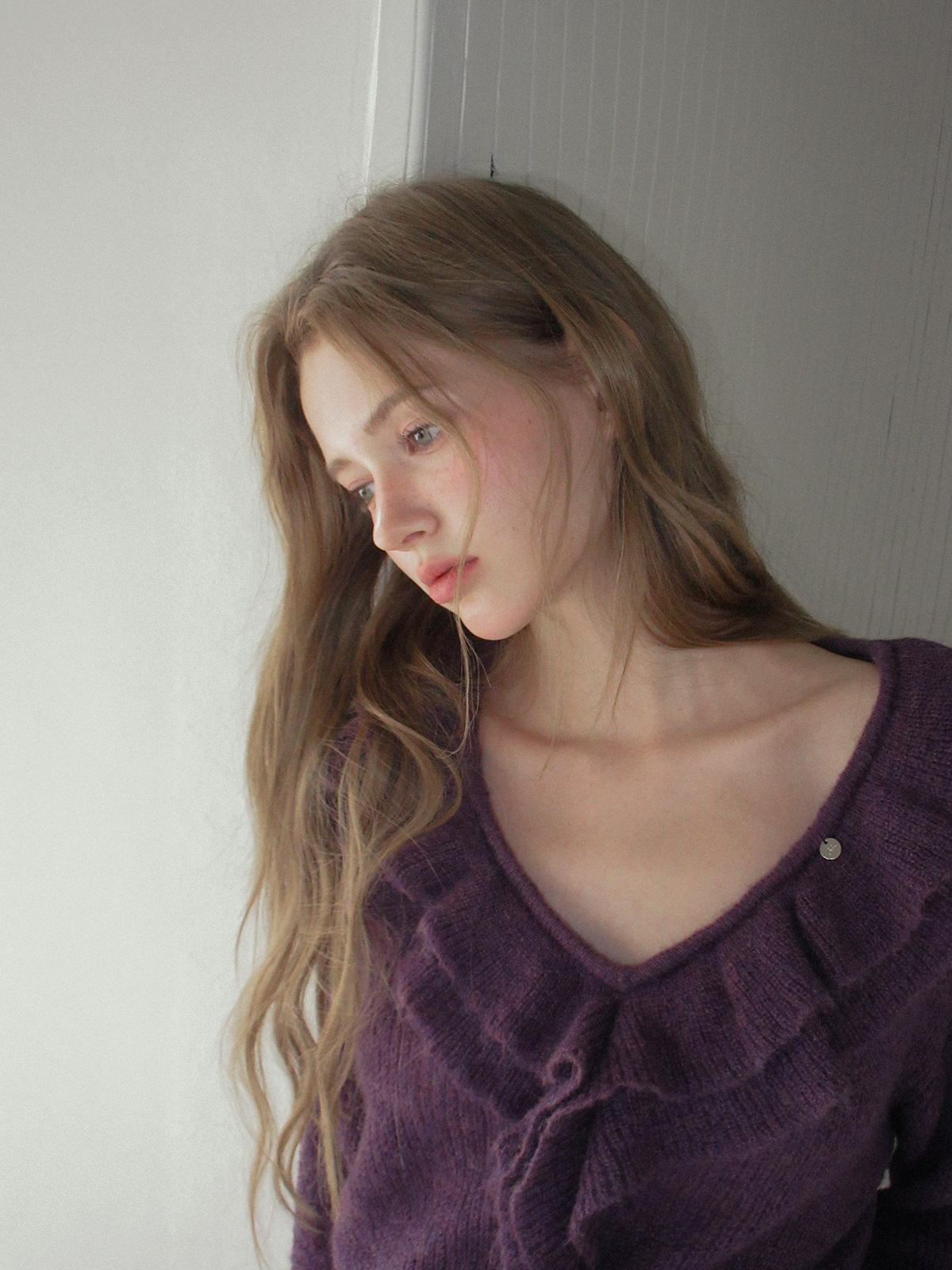 TWEE Torez ruffle V-neck long sleeve knit - Model styling view