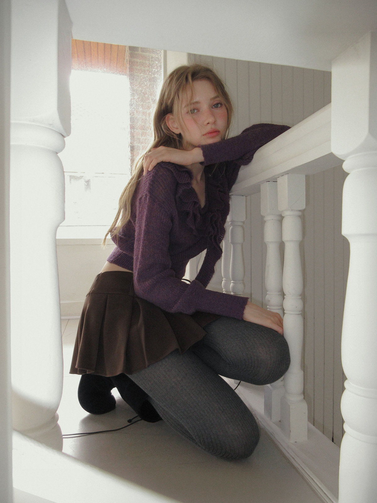 TWEE Torez ruffle V-neck long sleeve knit - Model styling view