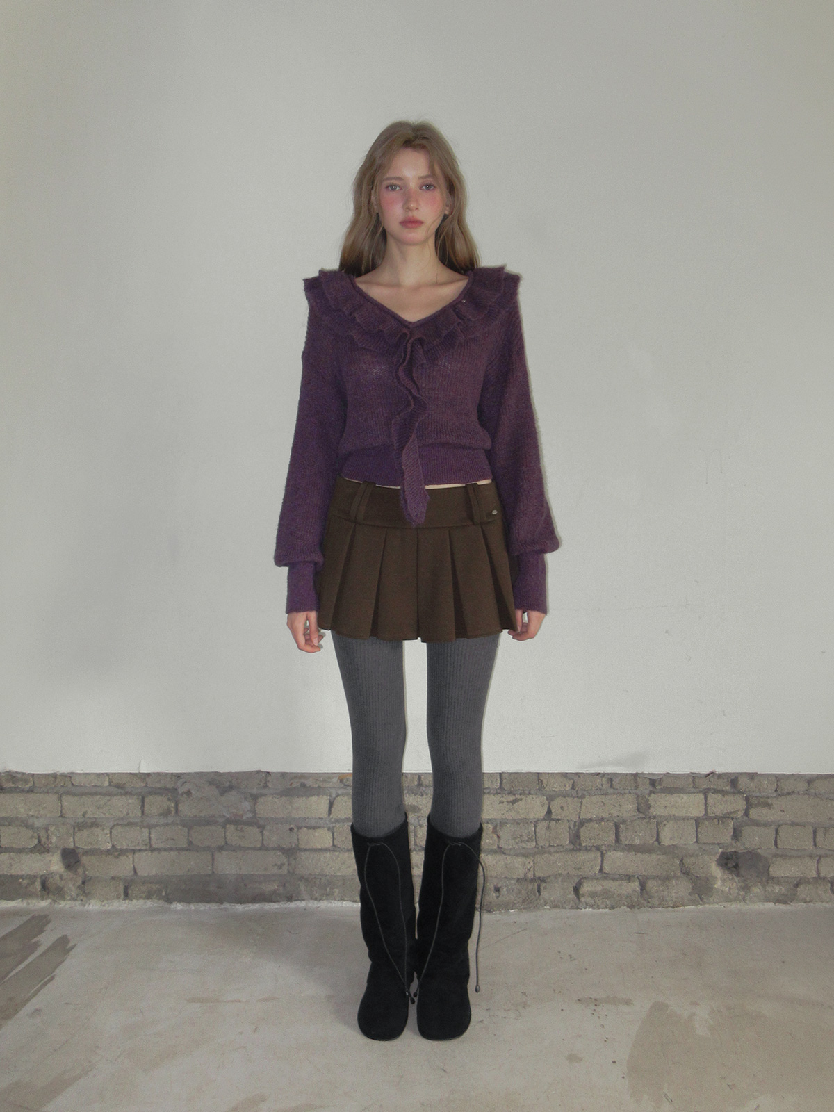 TWEE Torez ruffle V-neck long sleeve knit - Fit and silhouette view
