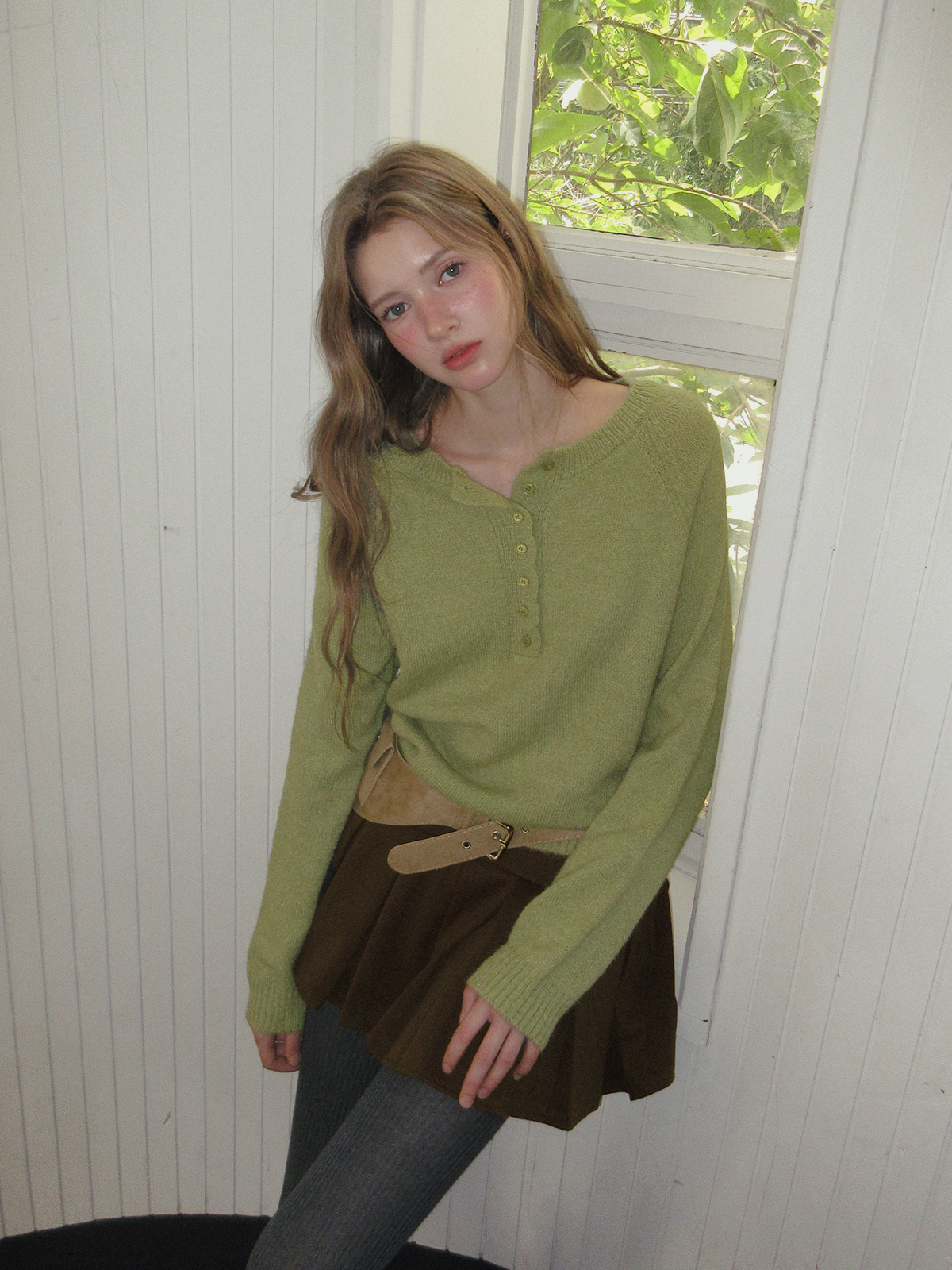 TWEE Pomki button brushed long sleeve knit - Model styling view