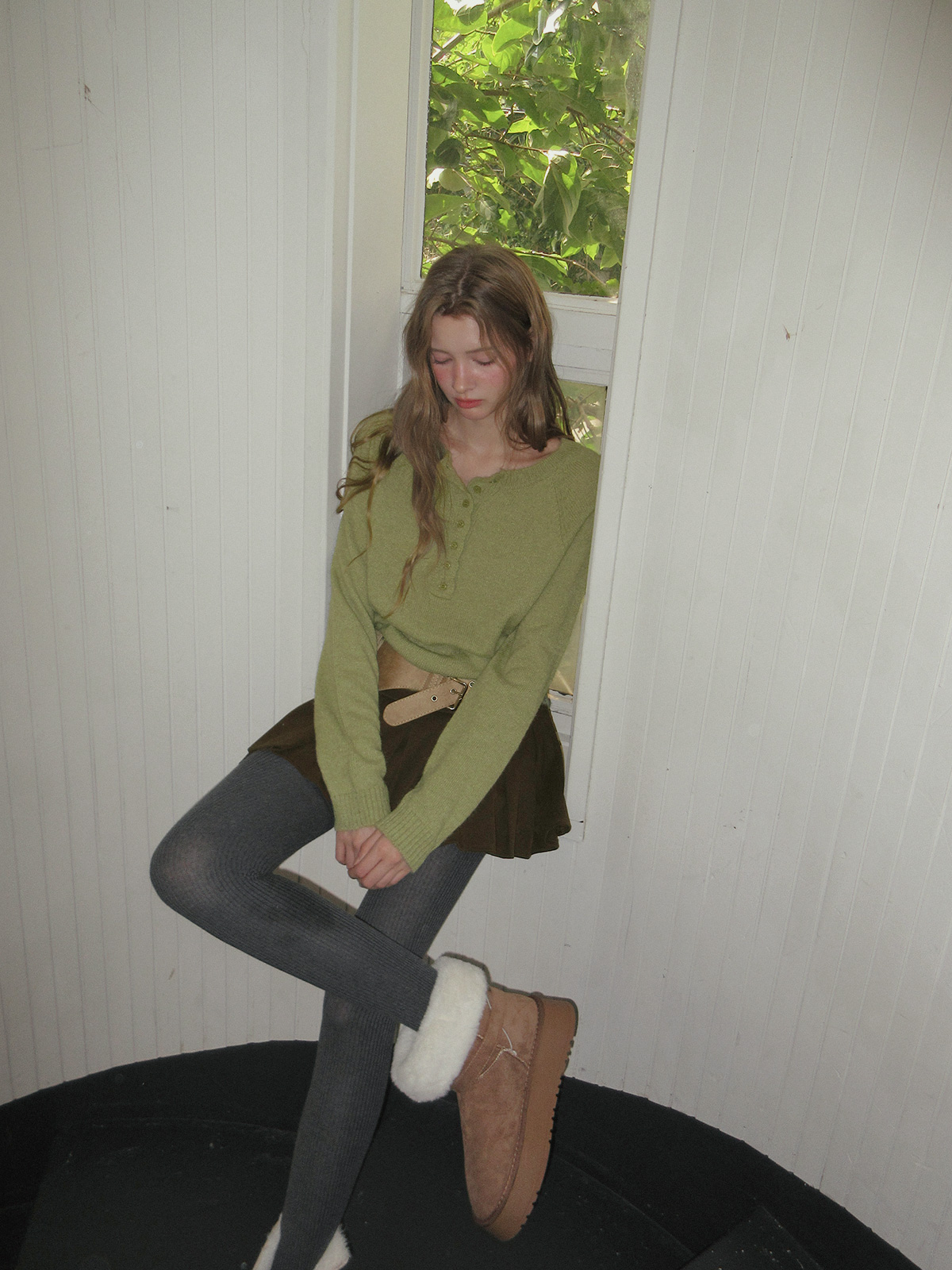 TWEE Pomki button brushed long sleeve knit - Model styling view