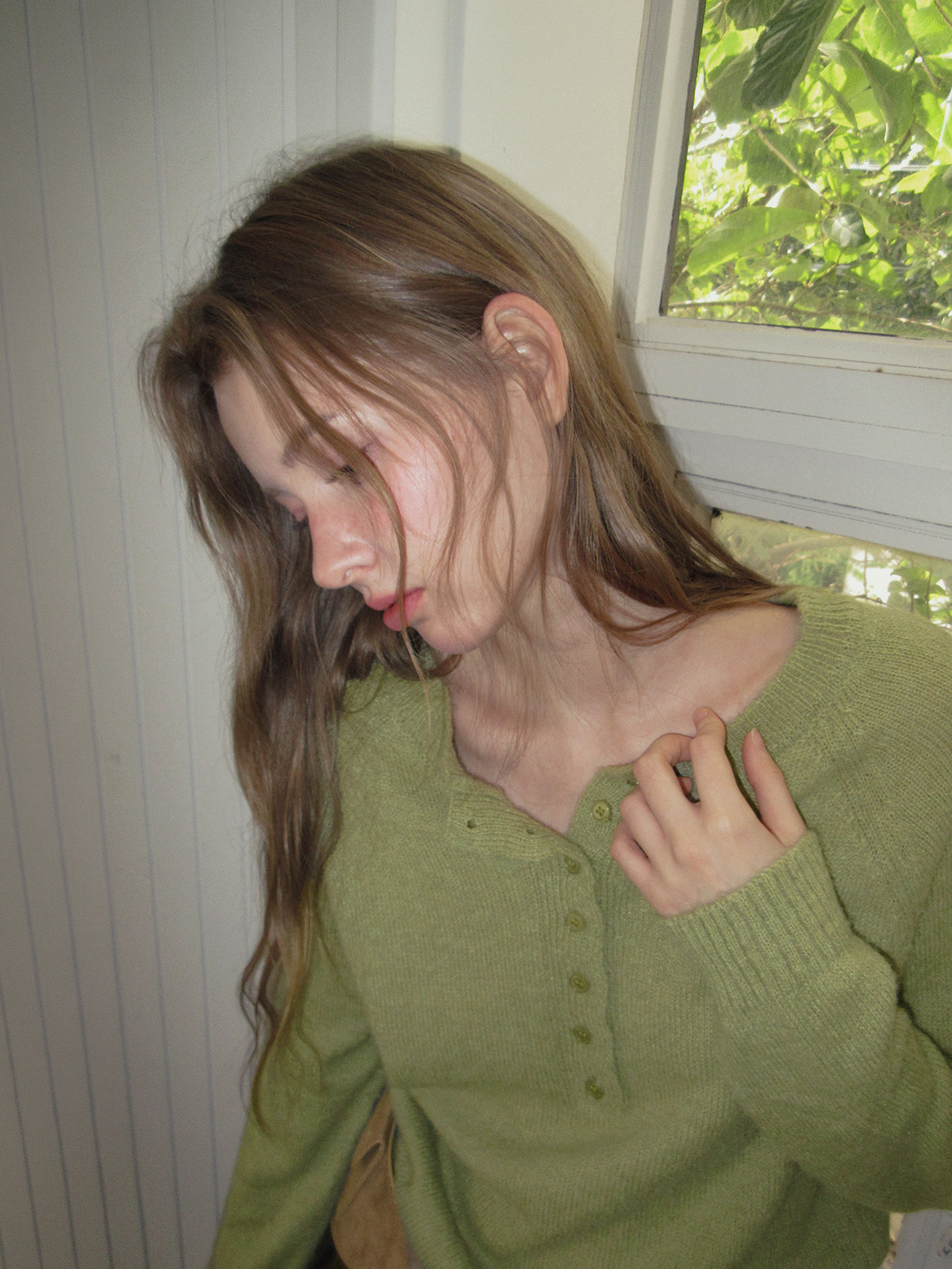 TWEE Pomki button brushed long sleeve knit - Model styling view