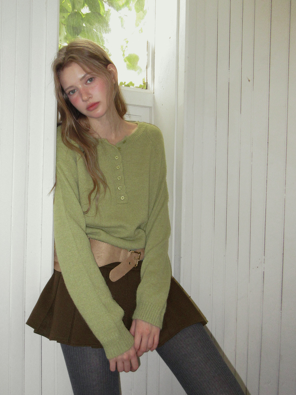 TWEE Pomki button brushed long sleeve knit - Model styling view