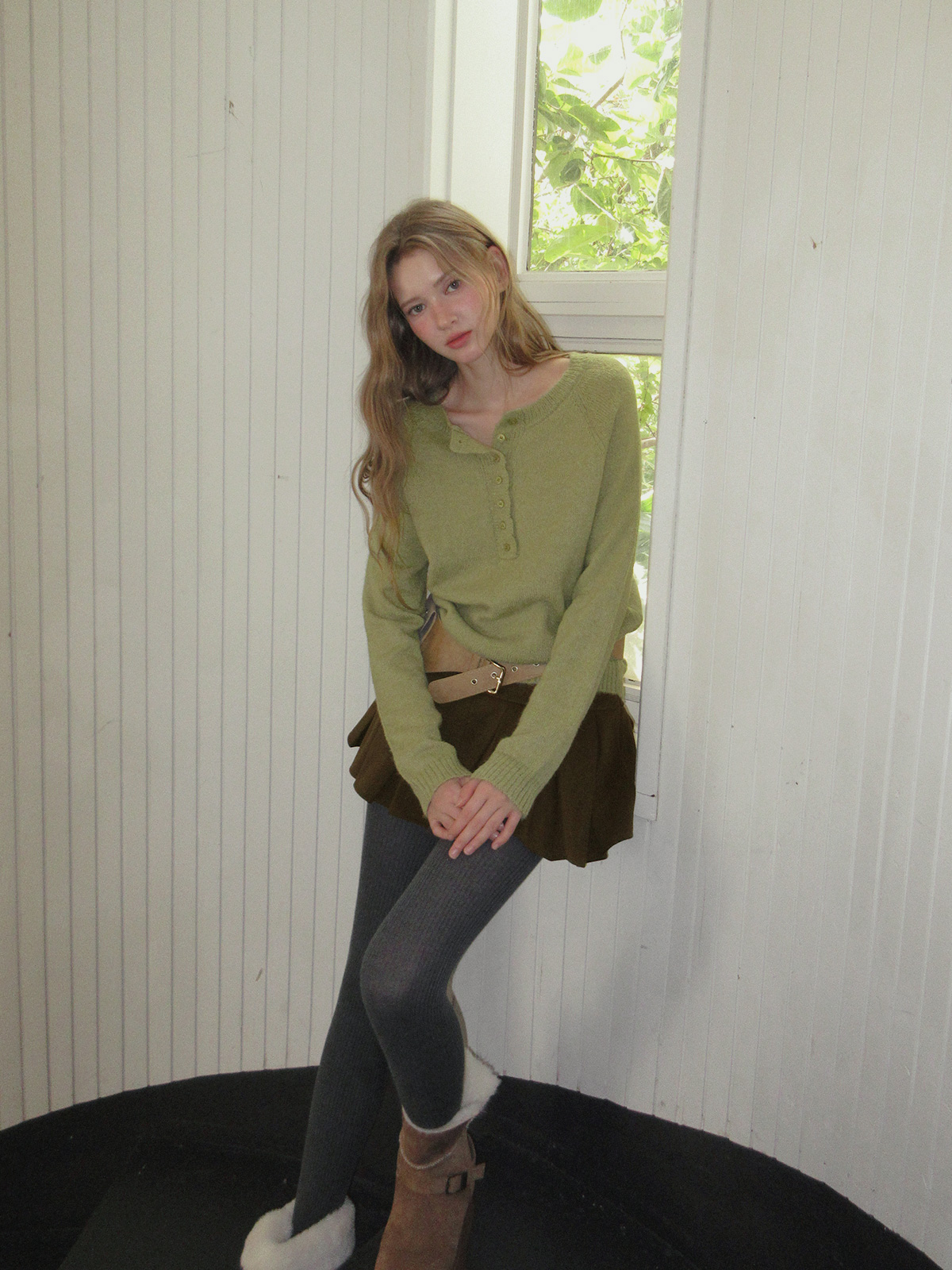 TWEE Pomki button brushed long sleeve knit - Model styling view
