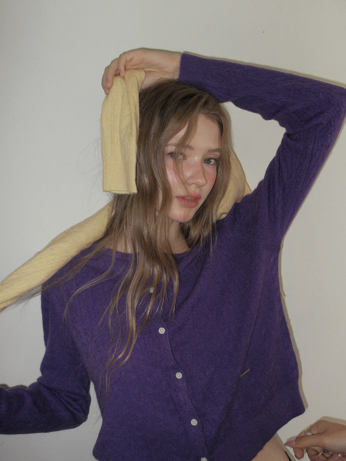TWEE Itso cable round neck knit long sleeve cardigan - Model styling view