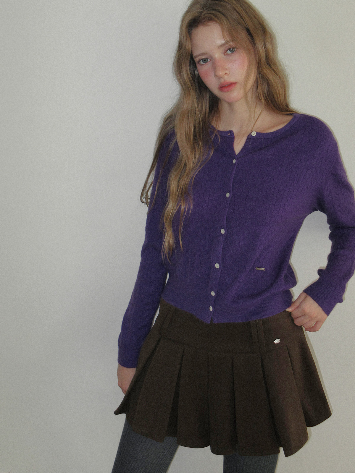 TWEE Itso cable round neck knit long sleeve cardigan - Model styling view