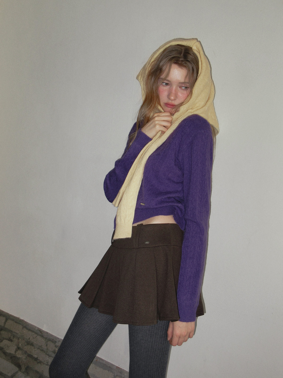TWEE Itso cable round neck knit long sleeve cardigan - Model styling view