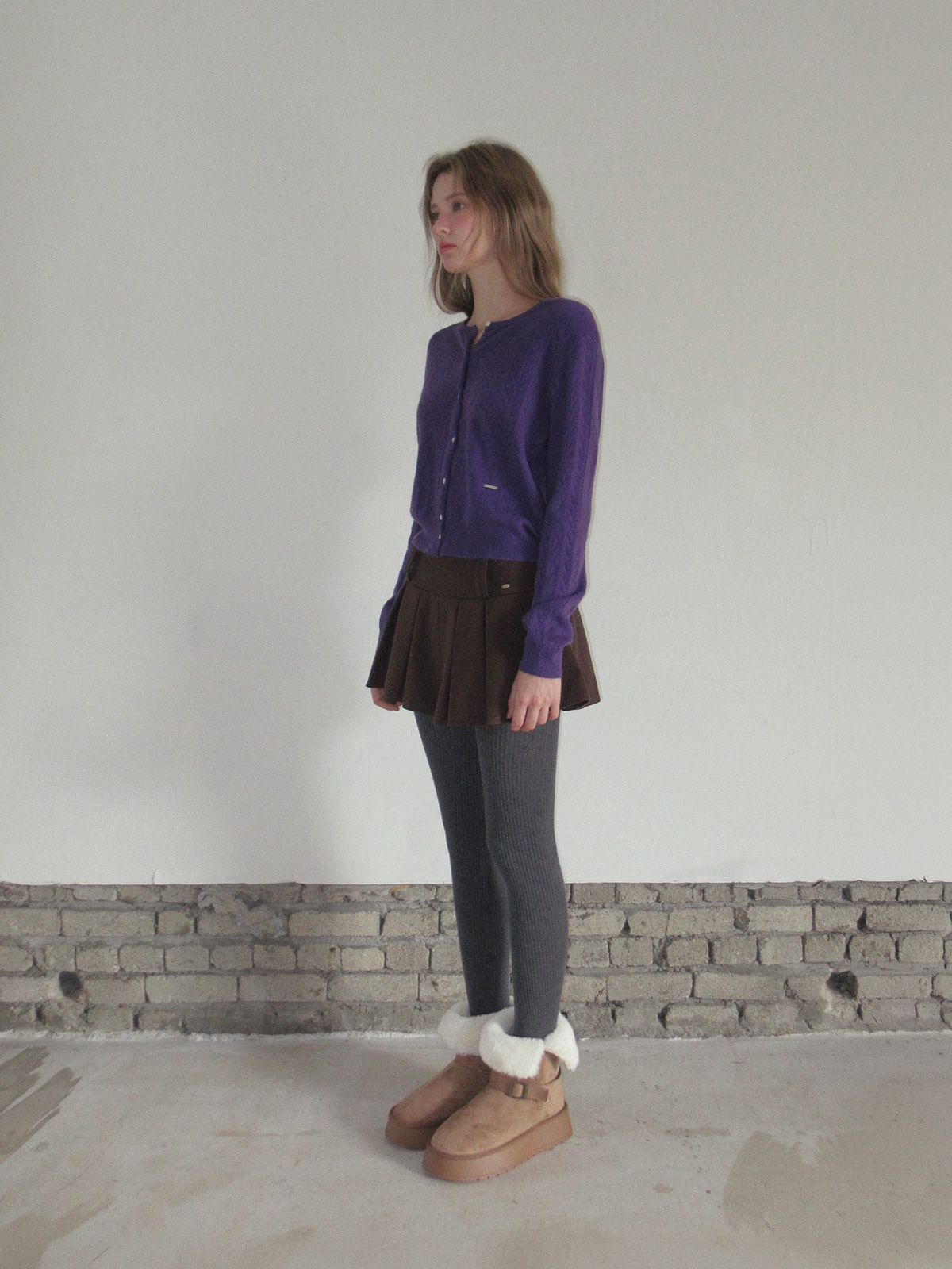 TWEE Itso cable round neck knit long sleeve cardigan - Fit and silhouette view