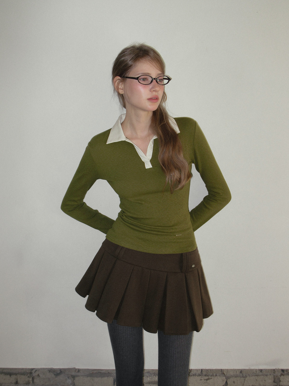 TWEE Tesher collar contrast long sleeve T-shirt - Model styling view