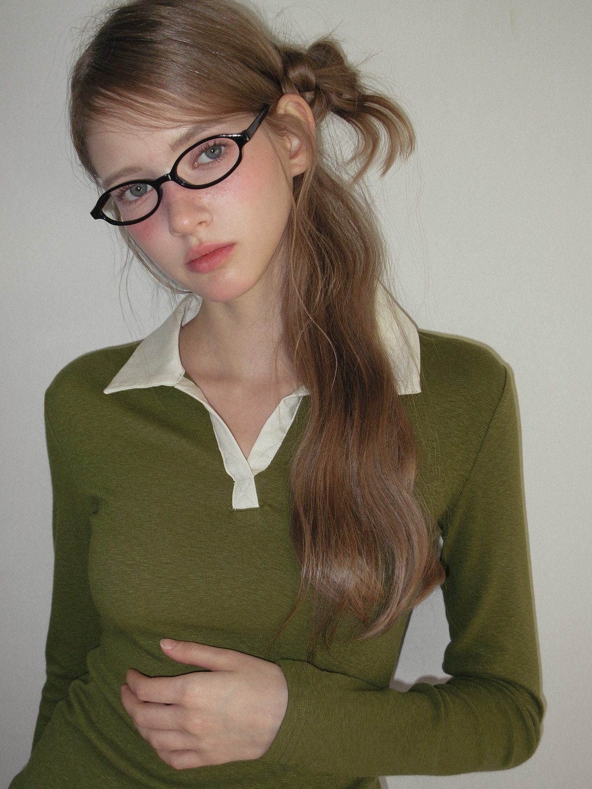 TWEE Tesher collar contrast long sleeve T-shirt - Model styling view