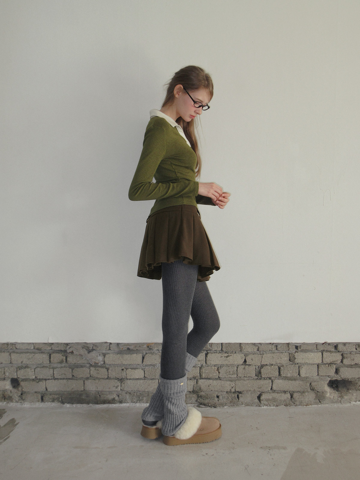 TWEE Tesher collar contrast long sleeve T-shirt - Model styling view