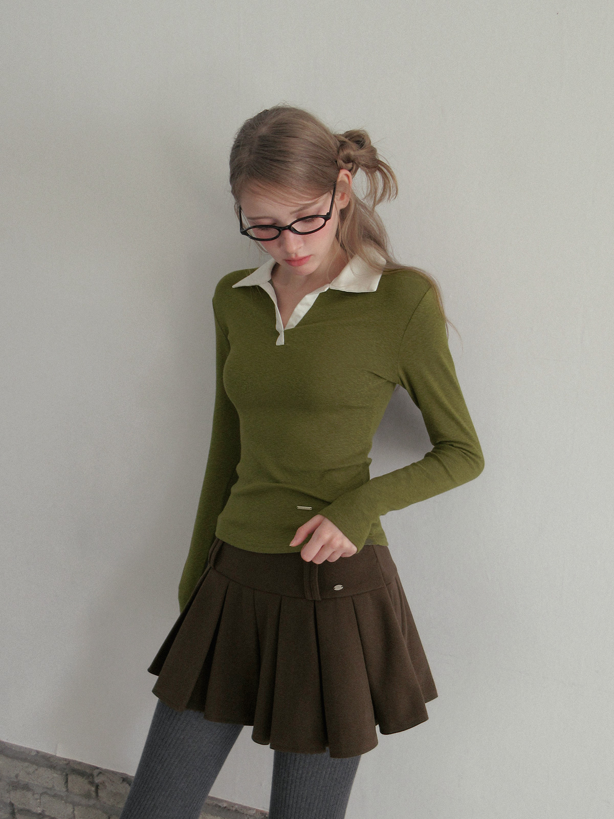 TWEE Tesher collar contrast long sleeve T-shirt - Model styling view