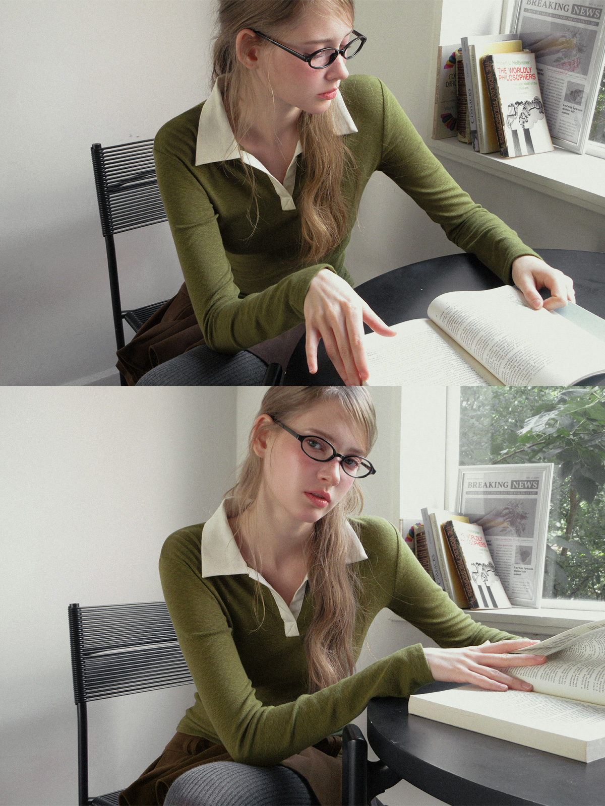 TWEE Tesher collar contrast long sleeve T-shirt - Model styling view