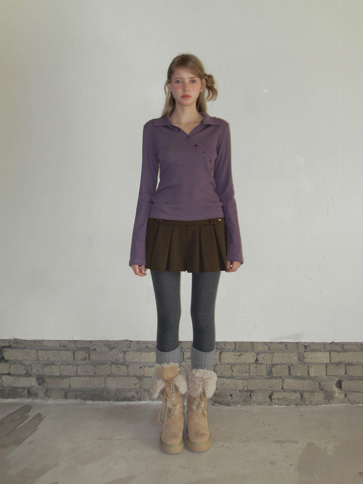 TWEE Normal diagonal button collar long sleeve T-shirt - Fit and silhouette view