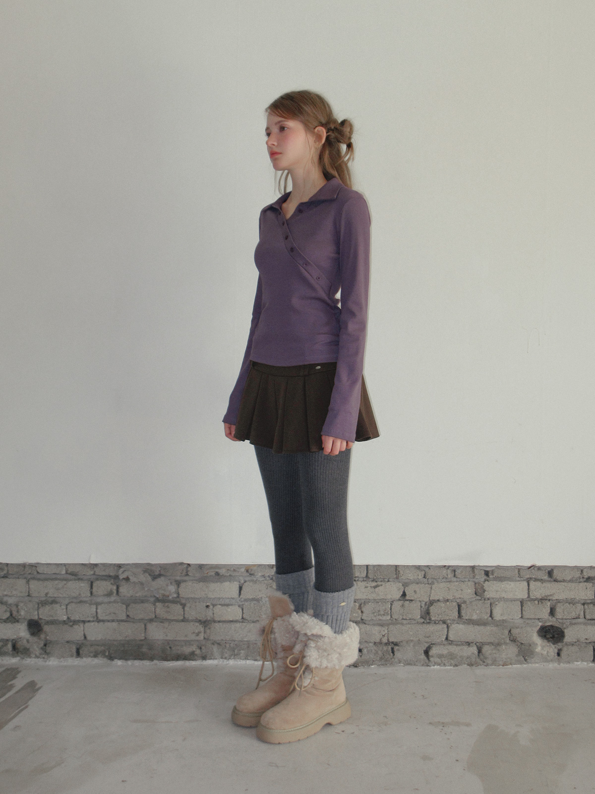 TWEE Normal diagonal button collar long sleeve T-shirt - Fit and silhouette view