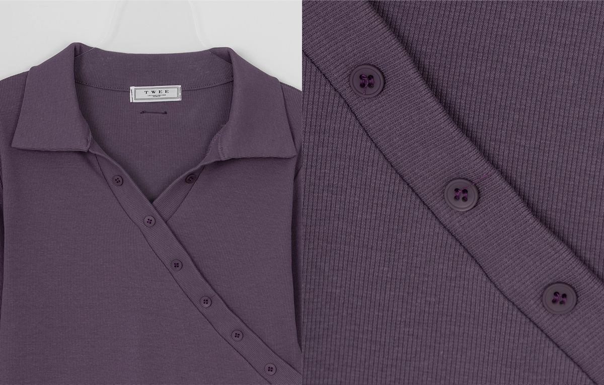 TWEE Normal diagonal button collar long sleeve T-shirt - Fabric and construction close-up