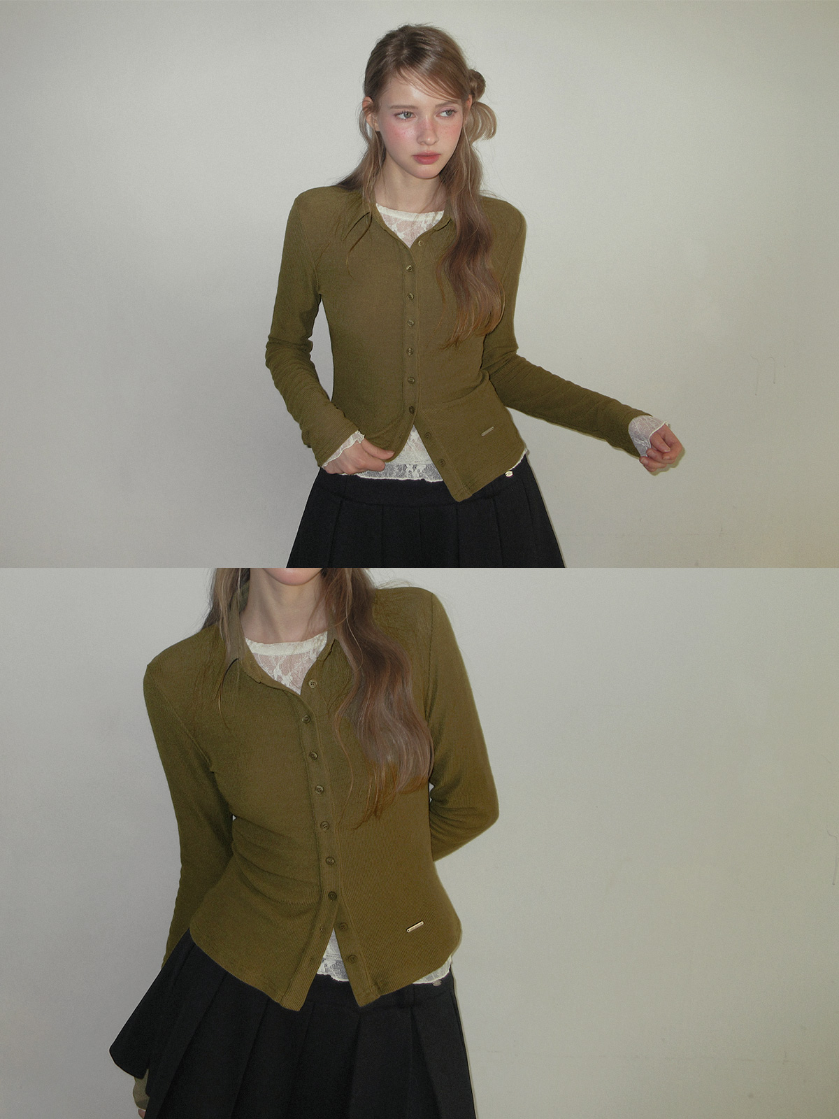 TWEE Toel basic collar long sleeve T-shirt - Model styling view