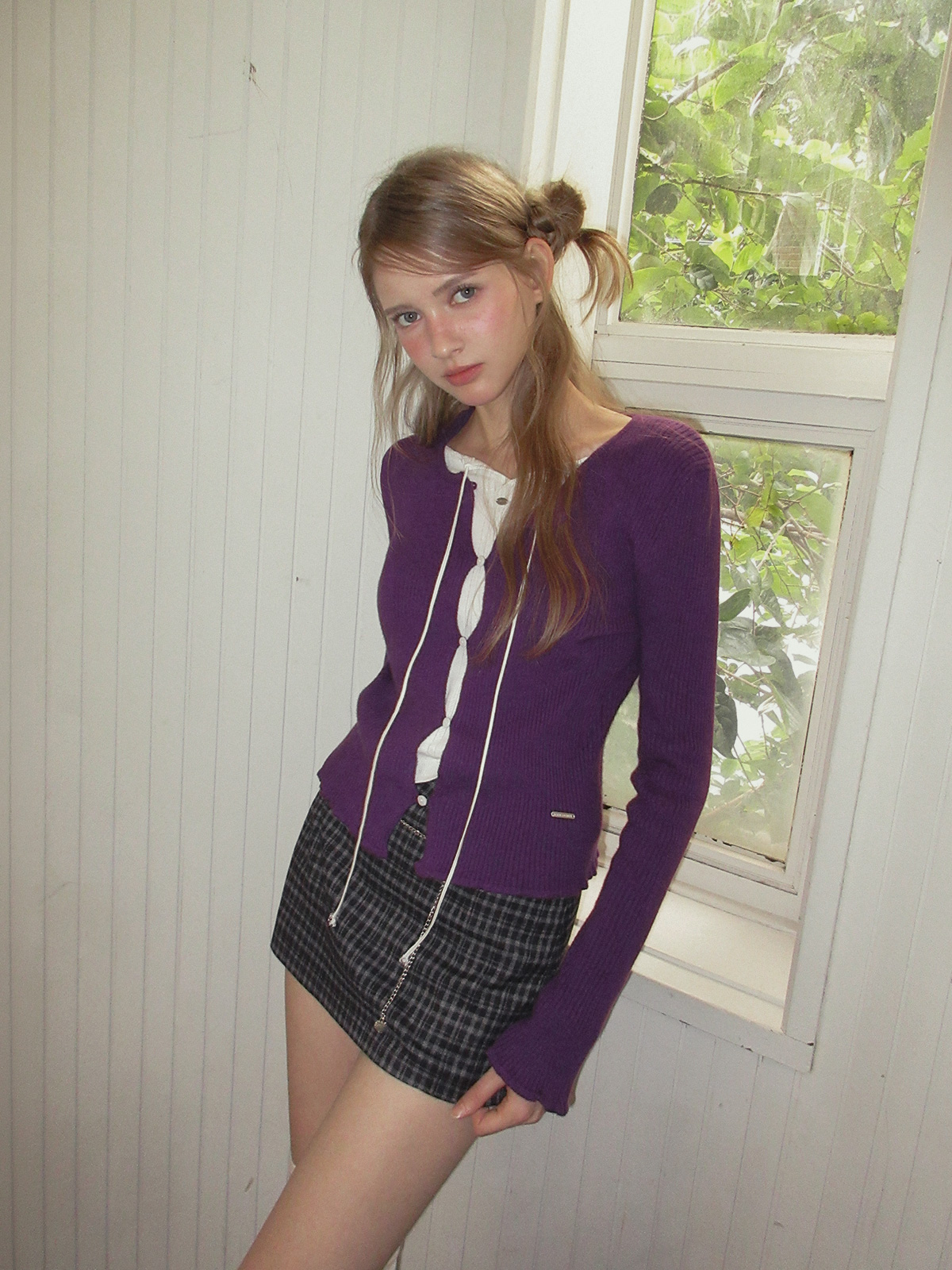 TWEE Hipston button ribbed knit long sleeve cardigan - Model styling view