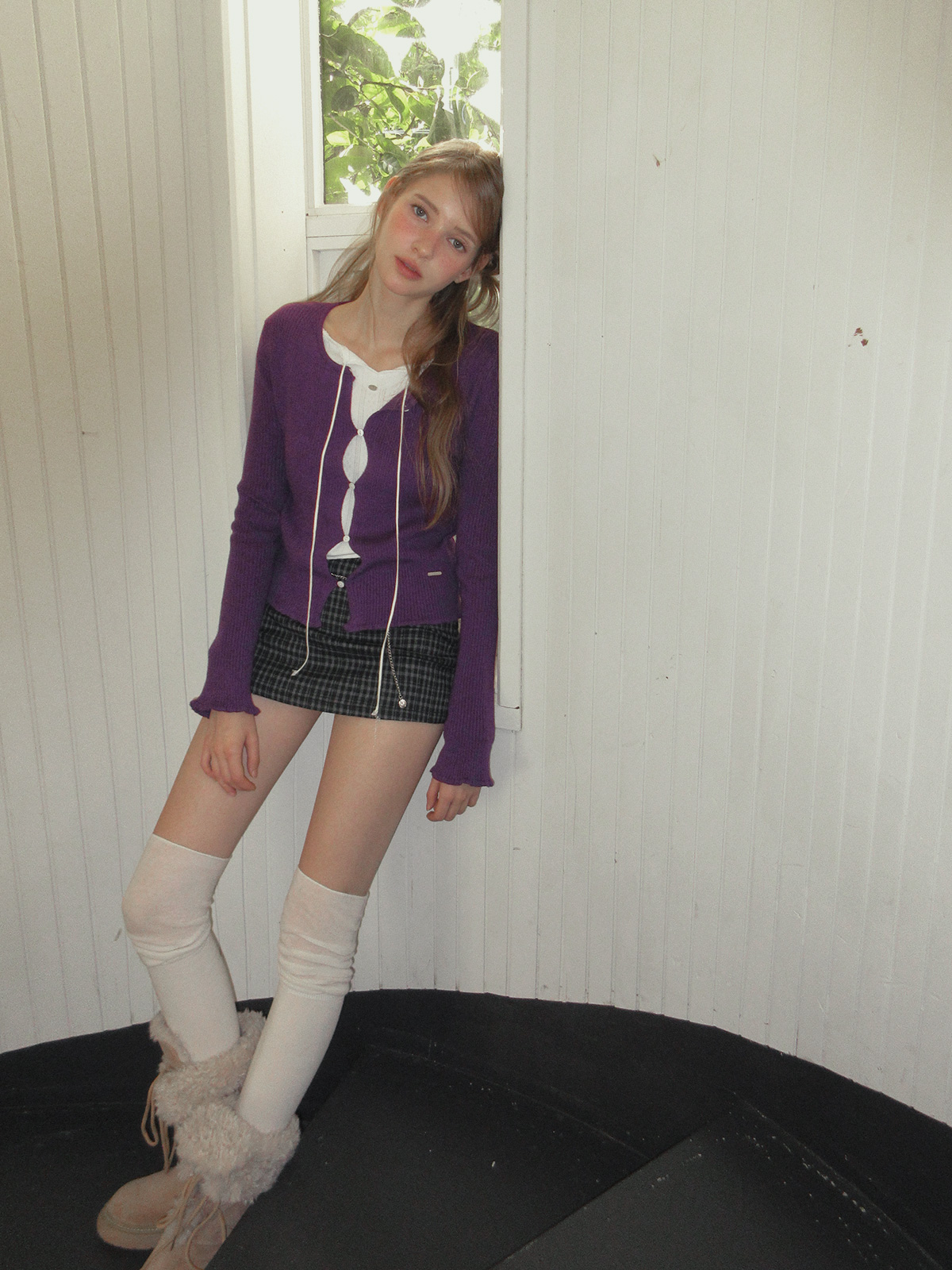 TWEE Hipston button ribbed knit long sleeve cardigan - Model styling view