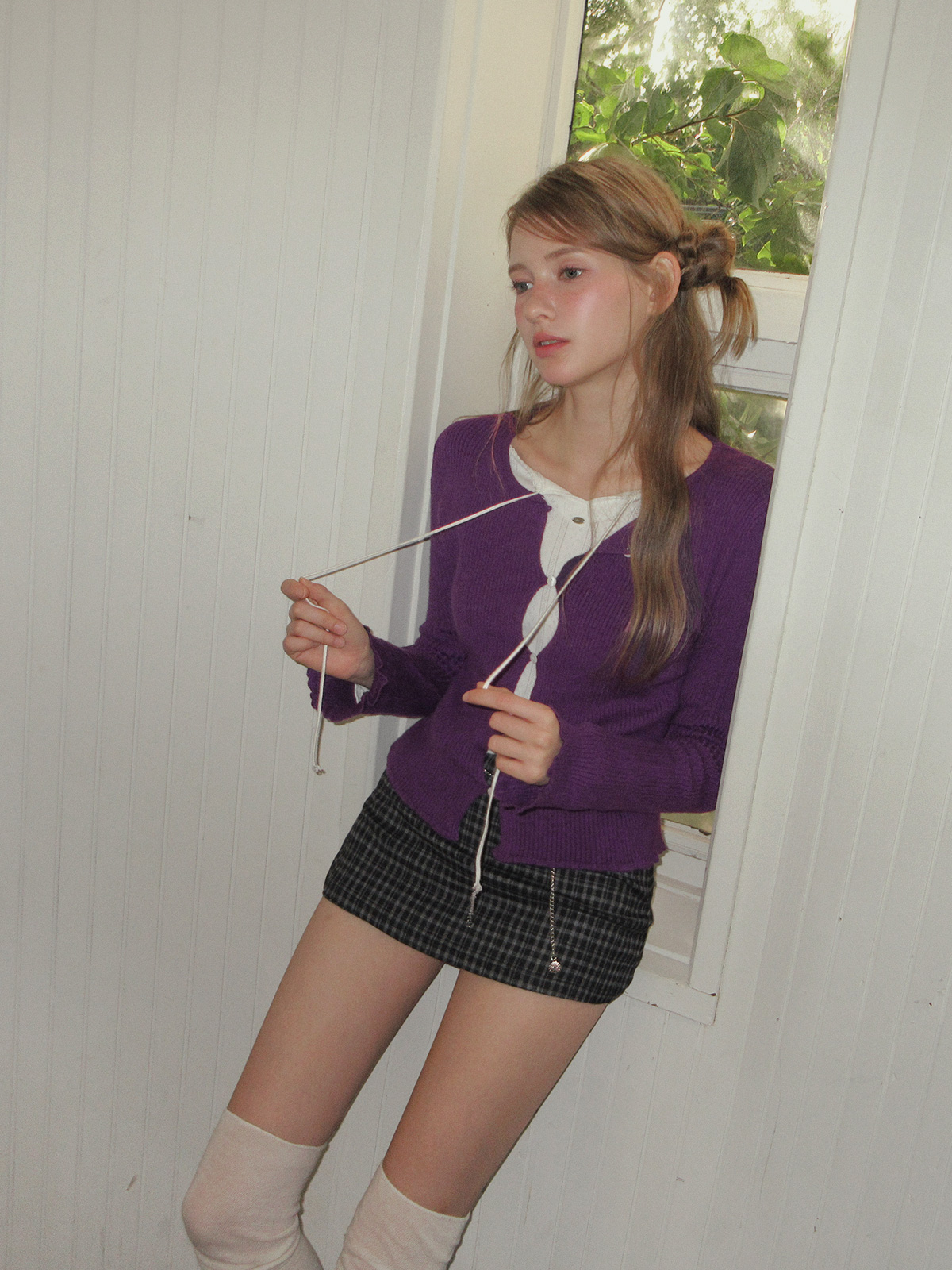 TWEE Hipston button ribbed knit long sleeve cardigan - Model styling view