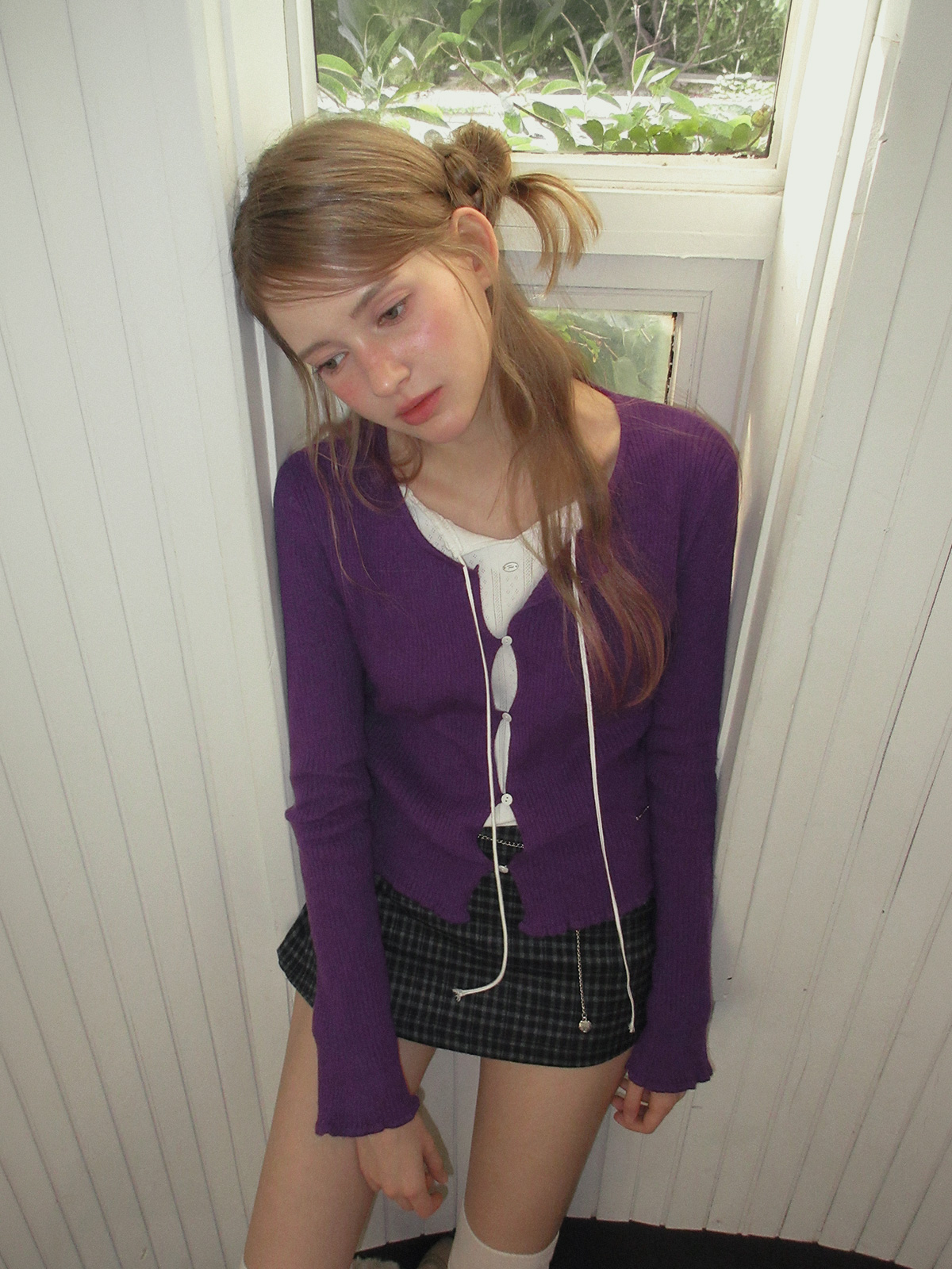TWEE Hipston button ribbed knit long sleeve cardigan - Model styling view