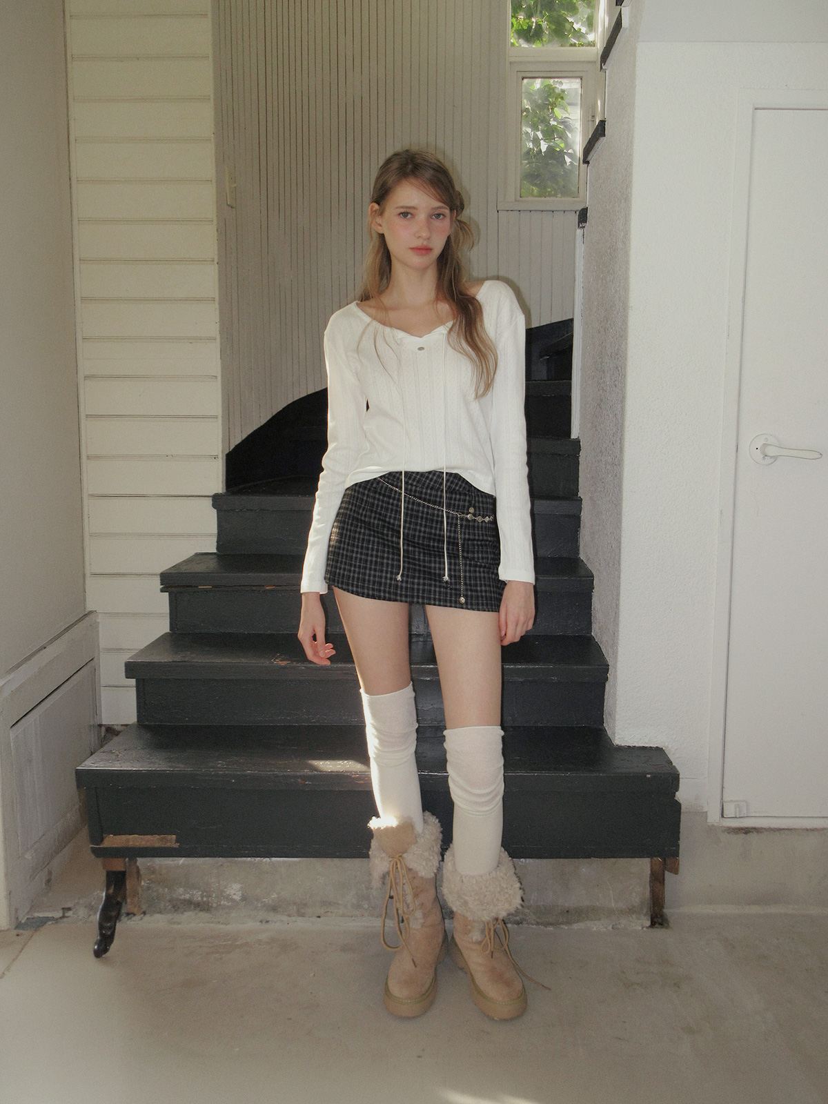 TWEE Hipston button ribbed knit long sleeve cardigan - Model styling view