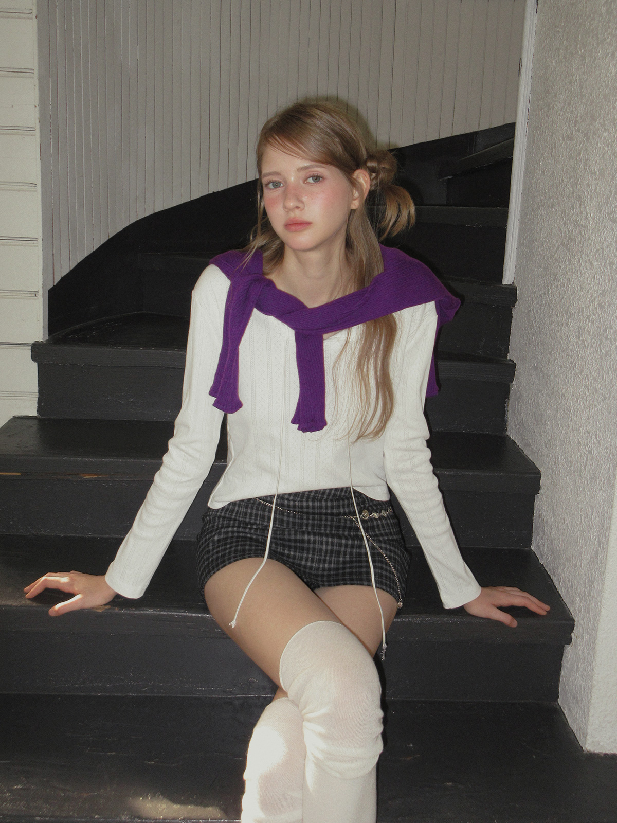 TWEE Hipston button ribbed knit long sleeve cardigan - Model styling view
