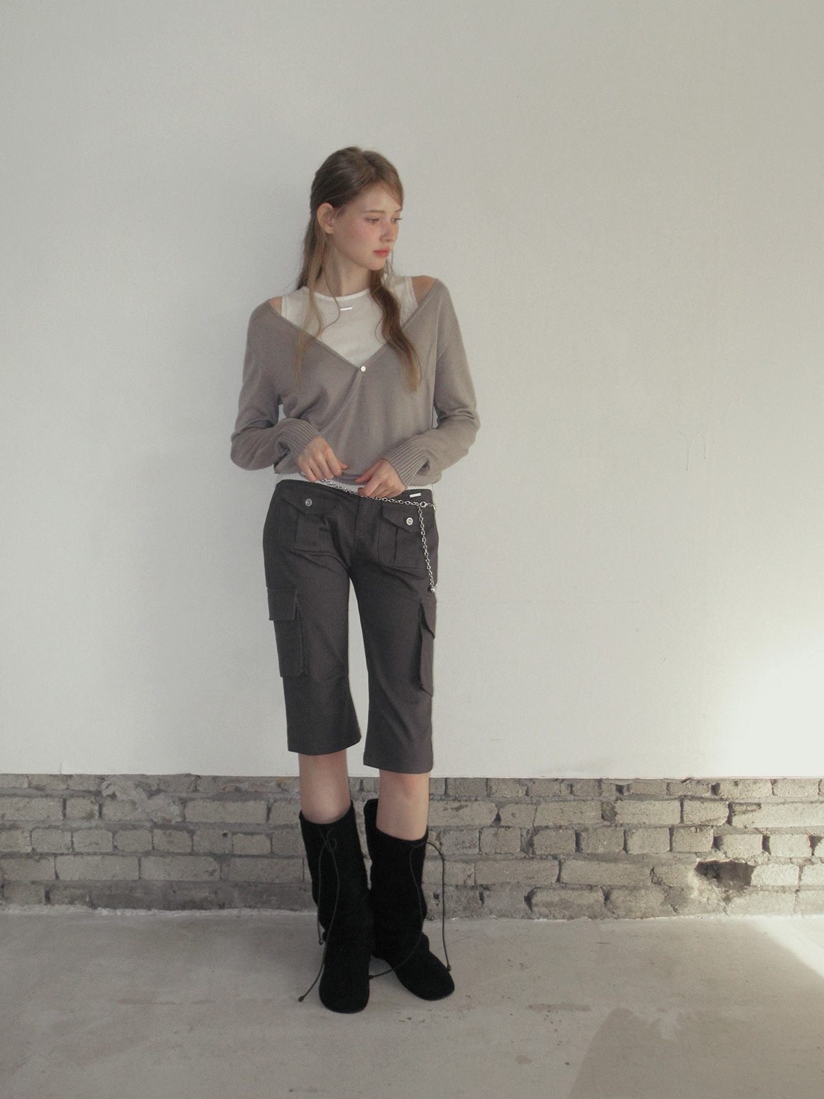 TWEE Koen deep V-neck wrap layered long sleeve knit - Model styling view