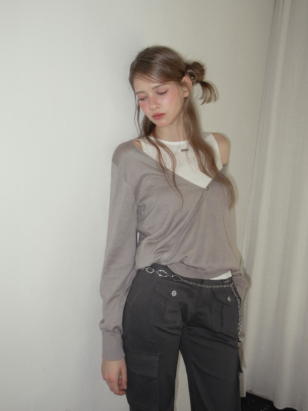 TWEE Koen deep V-neck wrap layered long sleeve knit - Model styling view