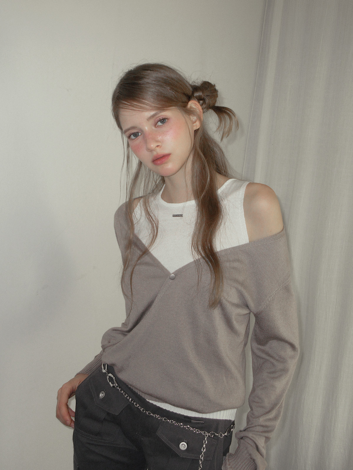 TWEE Koen deep V-neck wrap layered long sleeve knit - Model styling view