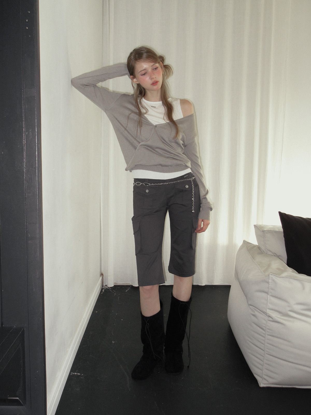 TWEE Koen deep V-neck wrap layered long sleeve knit - Model styling view