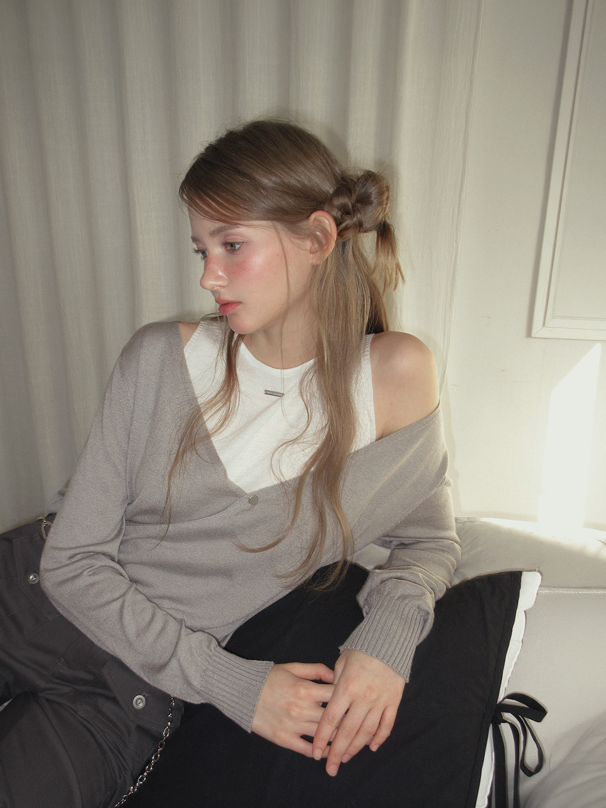 TWEE Koen deep V-neck wrap layered long sleeve knit - Model styling view