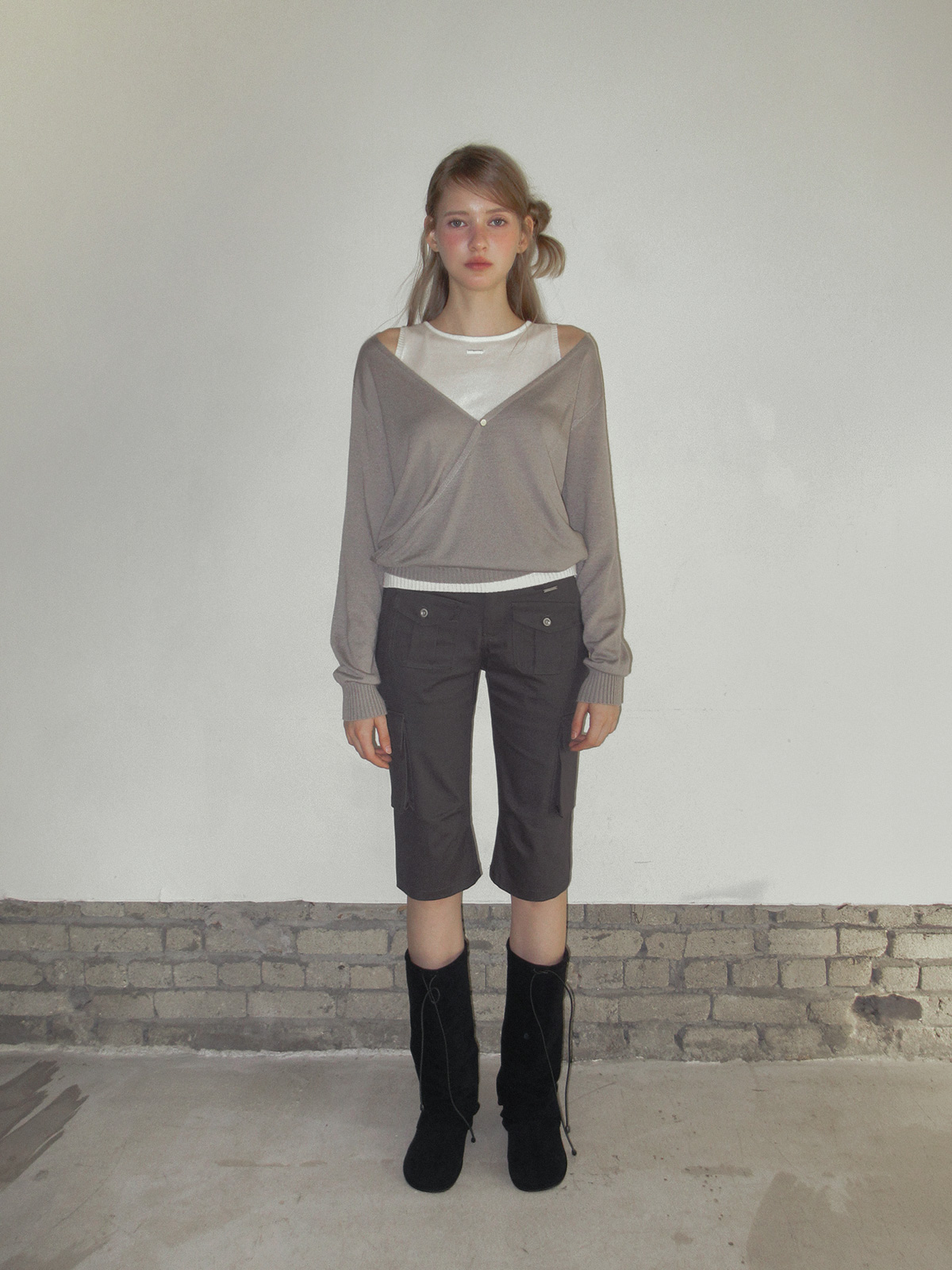 TWEE Koen deep V-neck wrap layered long sleeve knit - Fit and silhouette view