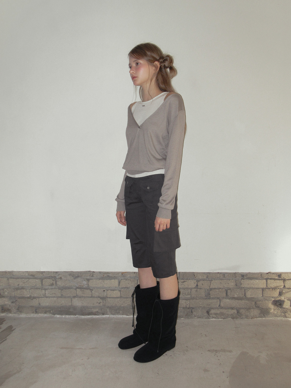 TWEE Koen deep V-neck wrap layered long sleeve knit - Fit and silhouette view