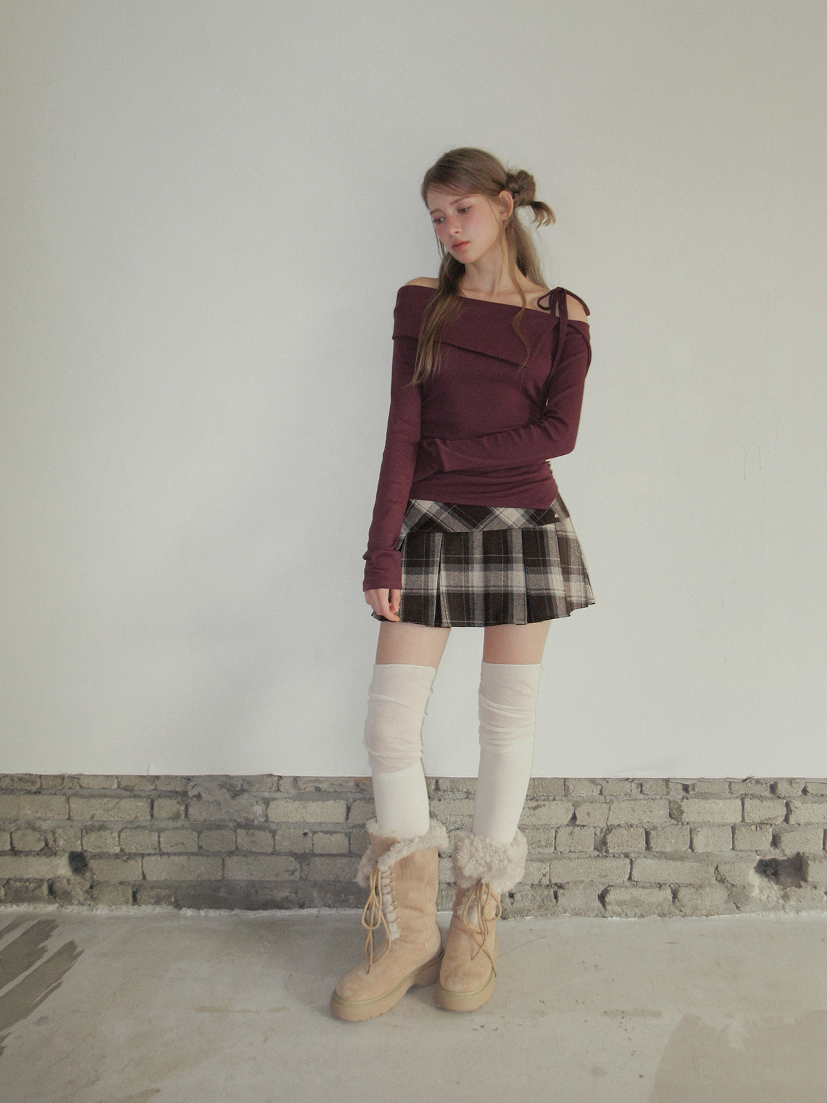 TWEE Rieon asymmetric shirring off-shoulder long sleeve T-shirt - Model styling view
