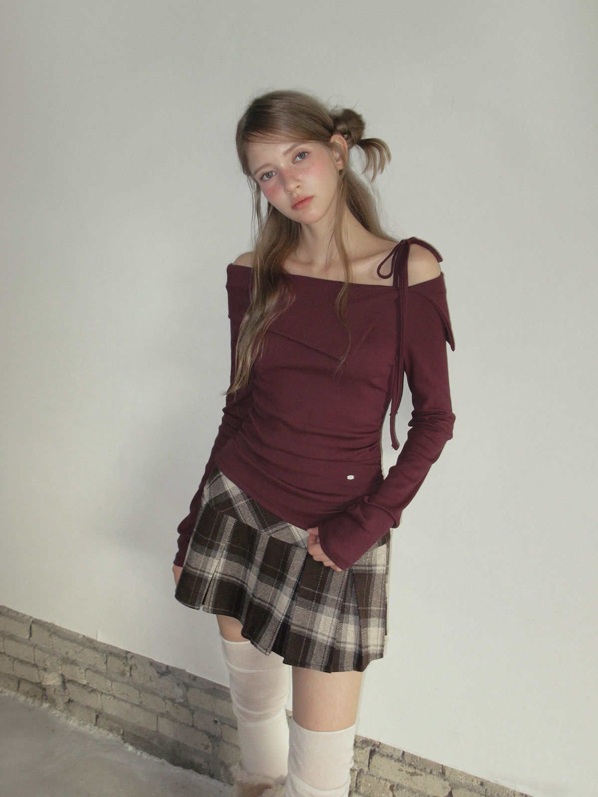 TWEE Rieon asymmetric shirring off-shoulder long sleeve T-shirt - Model styling view
