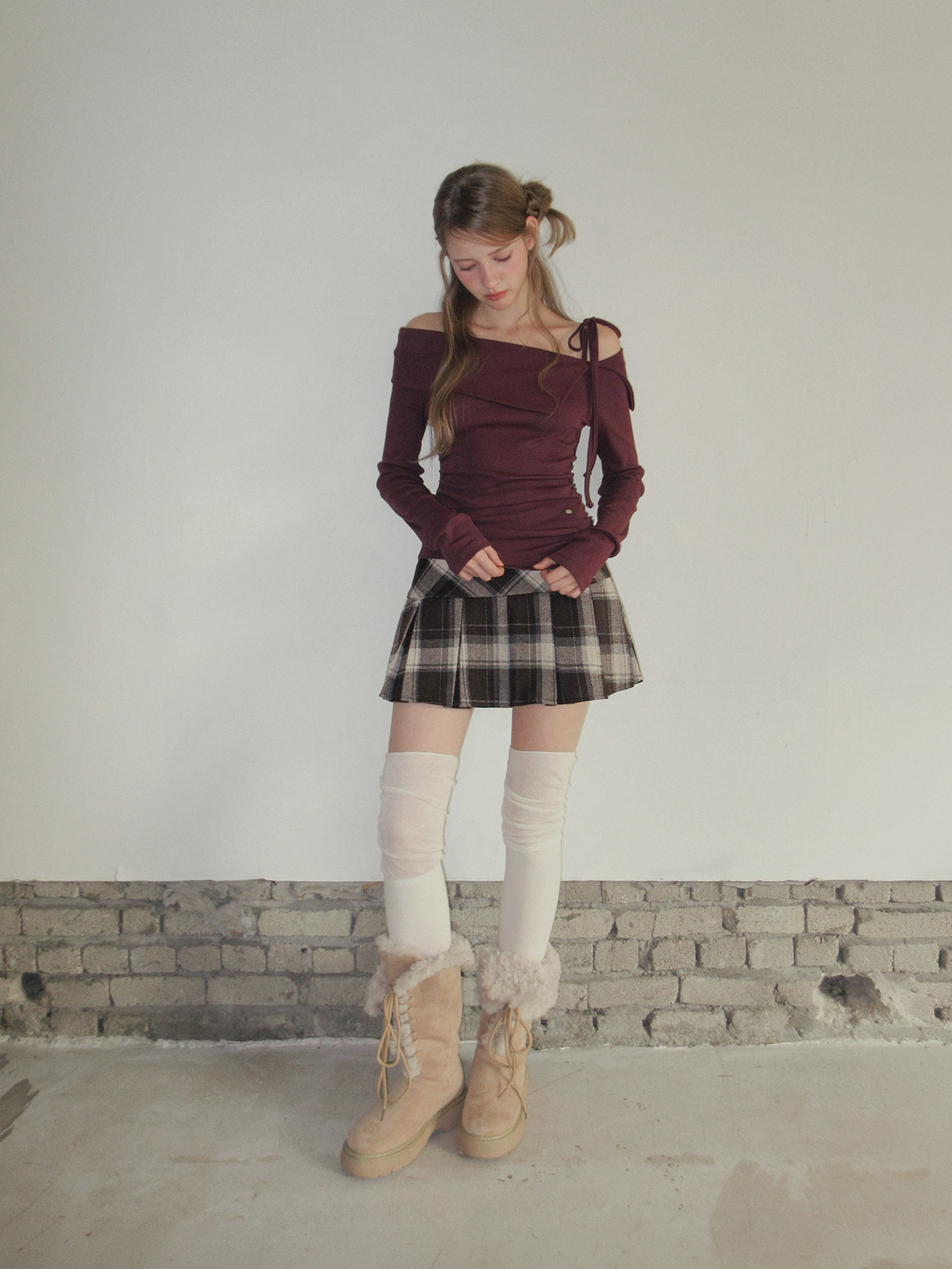 TWEE Rieon asymmetric shirring off-shoulder long sleeve T-shirt - Model styling view